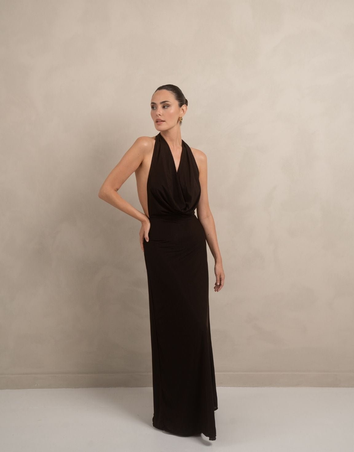 Donkerbruine Open Halter Lange - Jurk