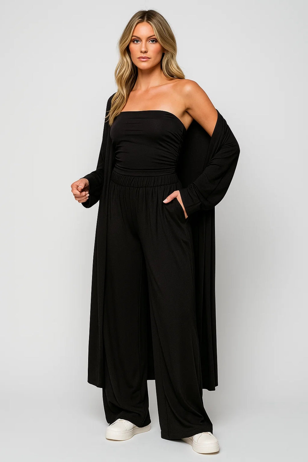 Driedelige Set Dames Strapless Top Wijde Broek Vest