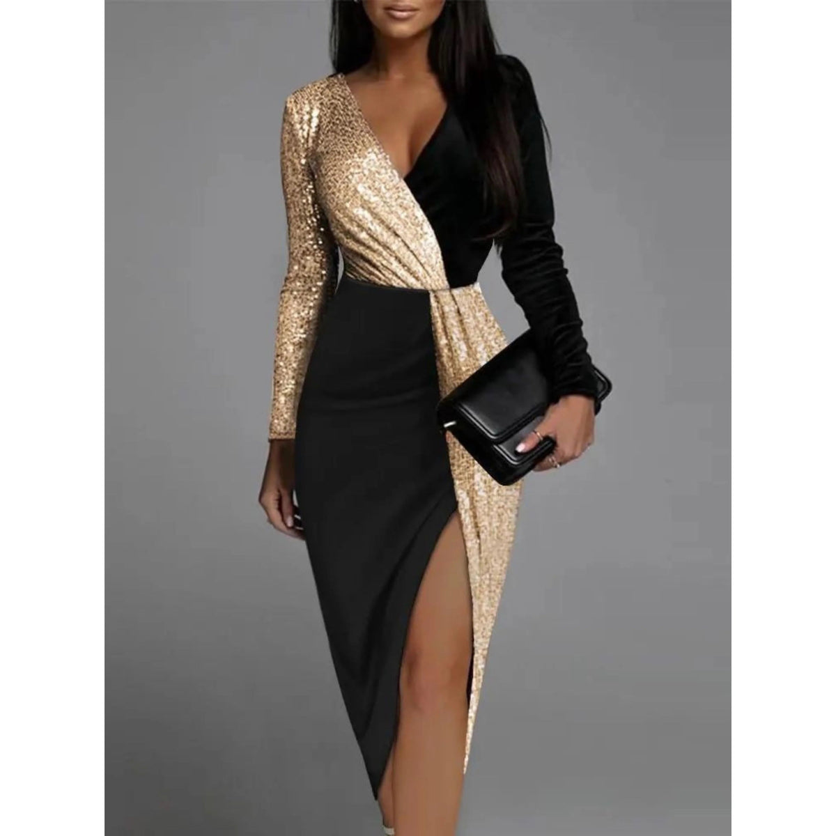 Elegante midi jurk voor dames met pailletten en V-hals