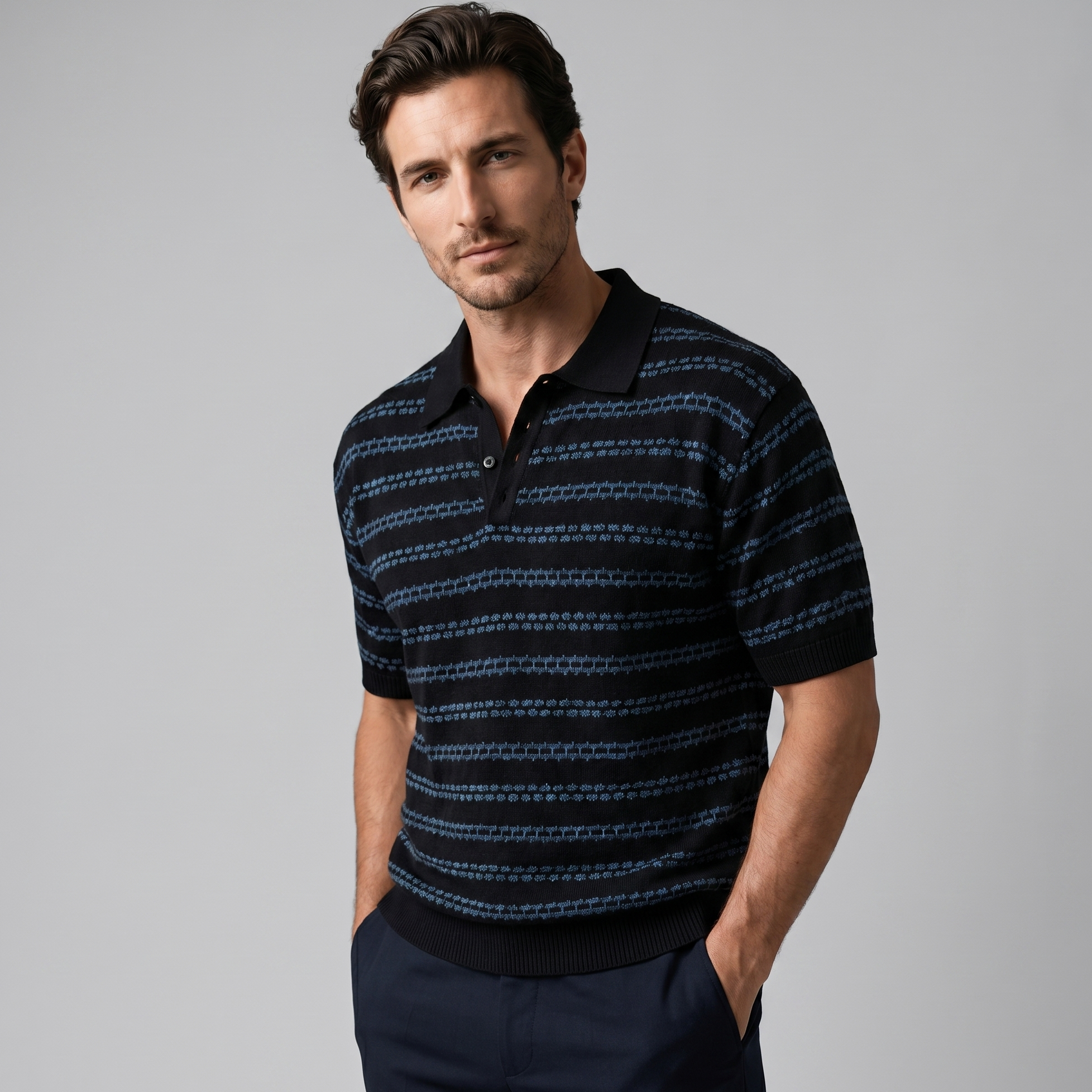 Gebreide Polo Shirt Heren Tailored Fit Lange Mouwen Casual