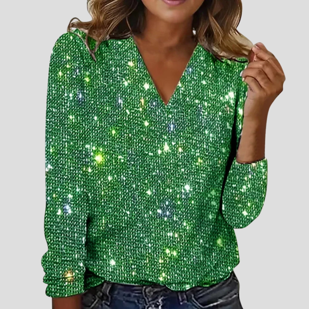 Glitterblouse voor Dames met V-hals en Lange Mouwen