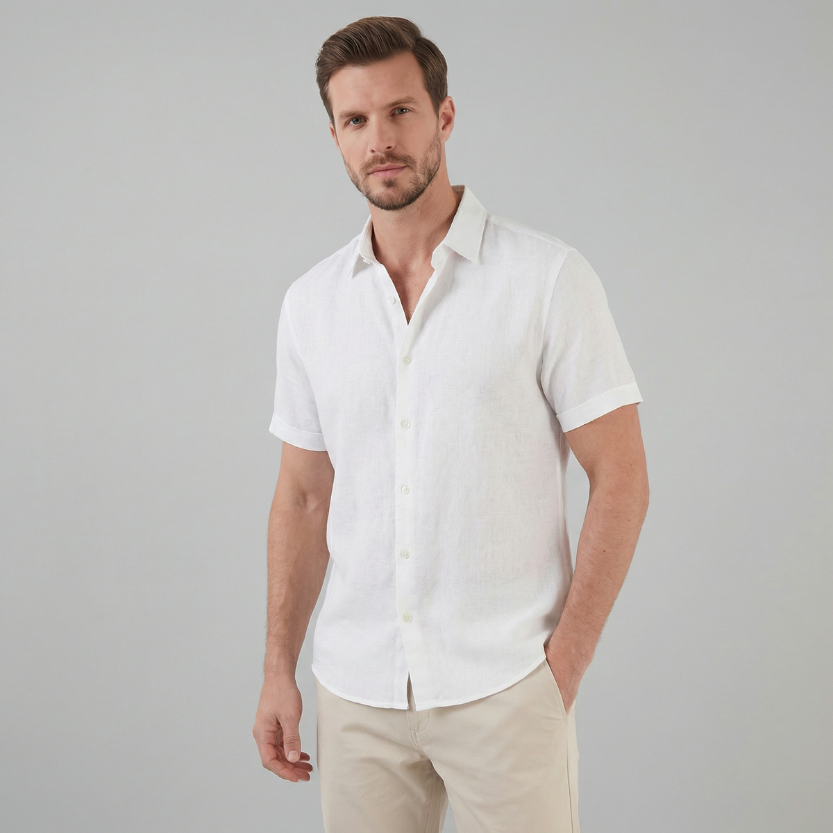 Heren Linnen Shirt Korte Mouw