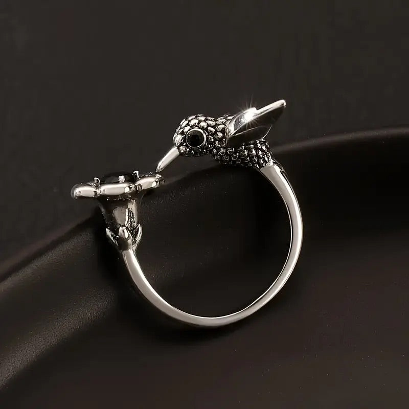 Hummingbird & Flower Ring – Verstelbare Open Vogelring voor Vrouwen