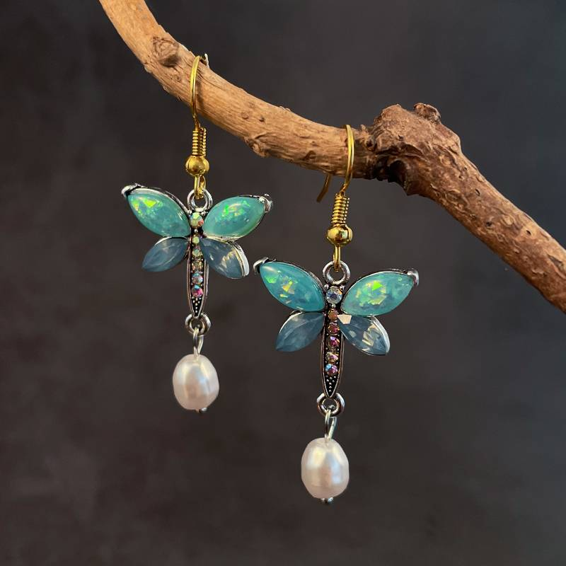 Vintage Groene Opal Pareltjes Vlinder Oorbellen