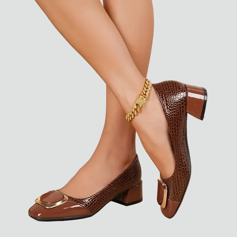 Pumps Dames Blokhak Vierkante Neus Bruin Zwart