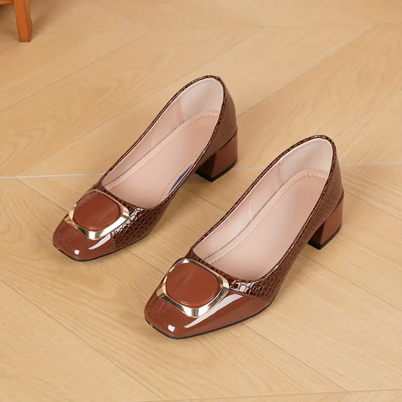 Pumps Dames Blokhak Vierkante Neus Bruin Zwart