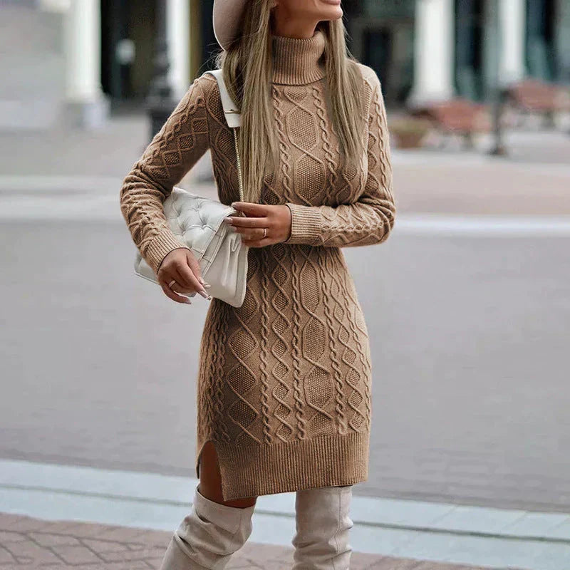 Kabelgebreide Sweaterjurk Dames Col Aansluitend