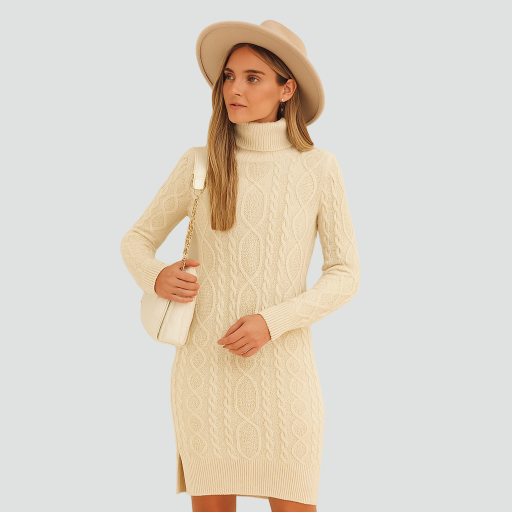 Kabelgebreide Sweaterjurk Dames Col Aansluitend