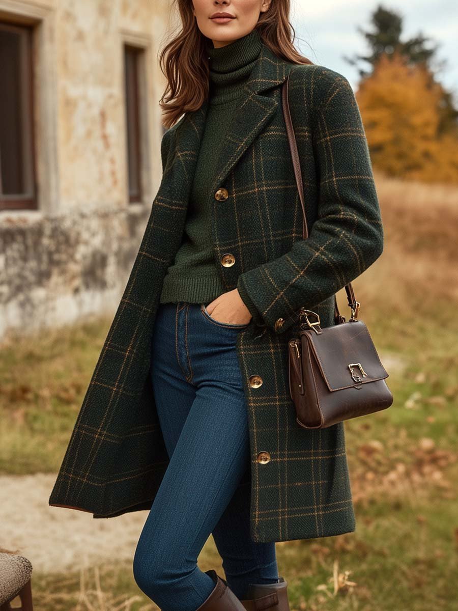Lange Jas Dames Geruit Slim Fit Knoopsluiting Winter