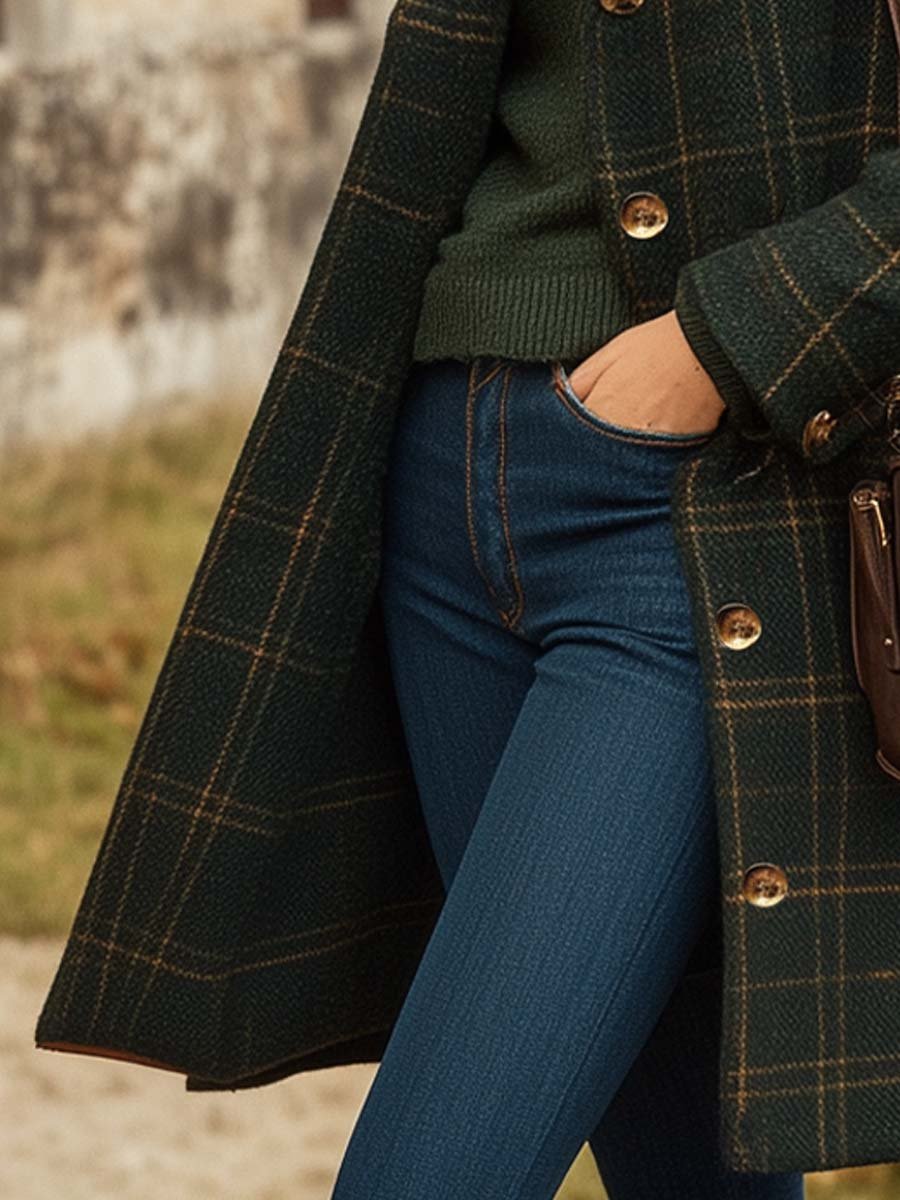 Lange Jas Dames Geruit Slim Fit Knoopsluiting Winter