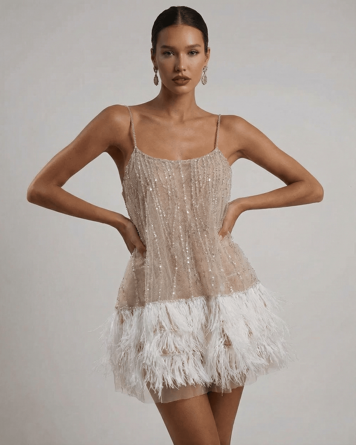 Mini Jurk Dames Sequin Tulle Elegante Feather Detail Feestelijk