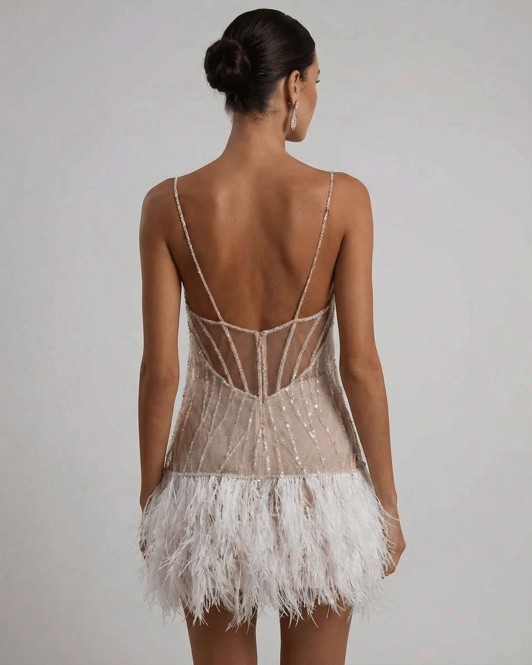 Mini Jurk Dames Sequin Tulle Elegante Feather Detail Feestelijk