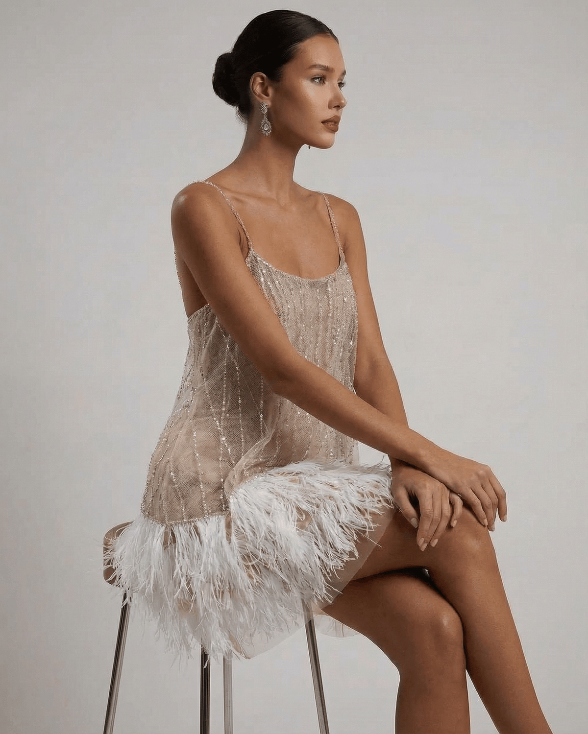 Mini Jurk Dames Sequin Tulle Elegante Feather Detail Feestelijk
