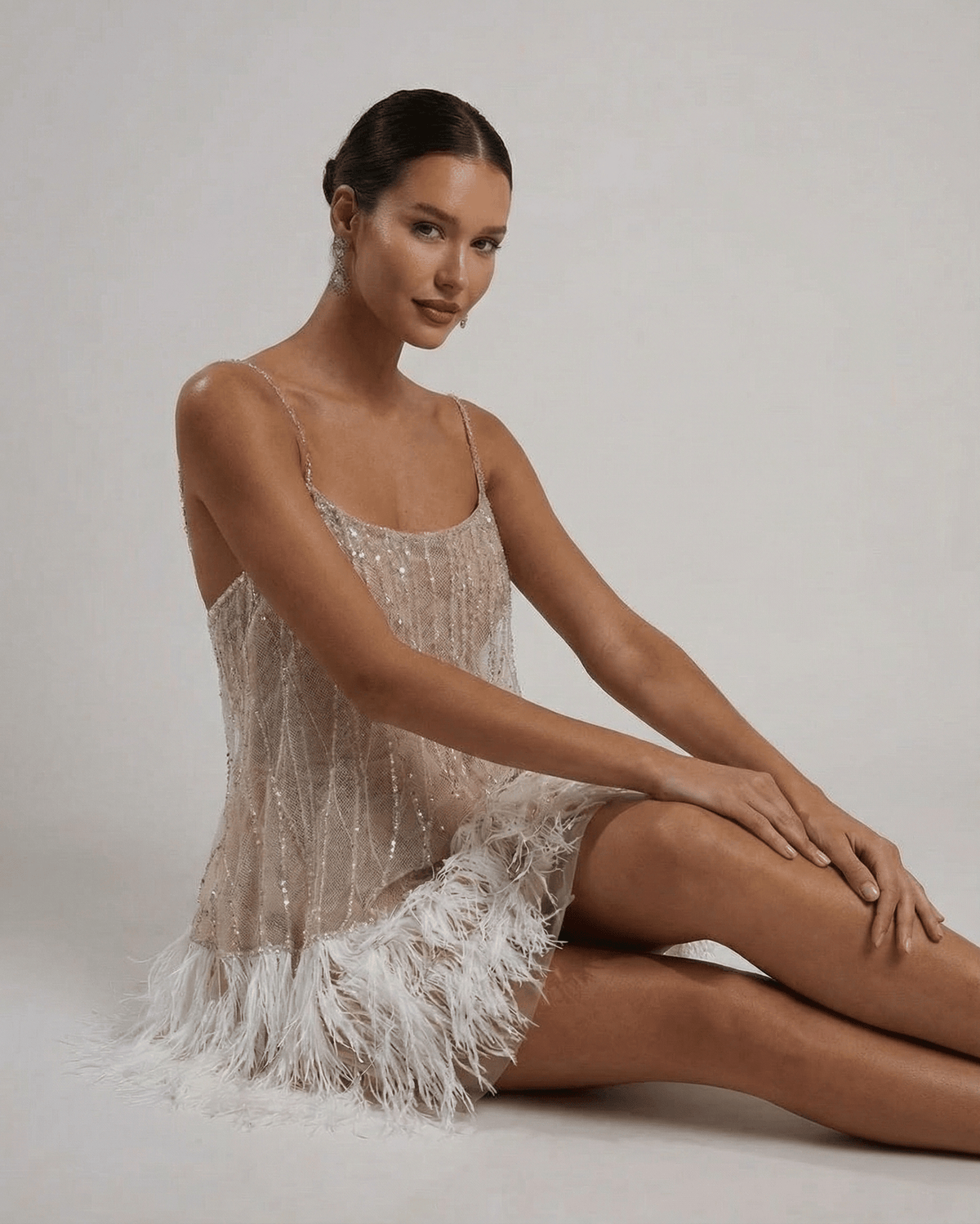 Mini Jurk Dames Sequin Tulle Elegante Feather Detail Feestelijk