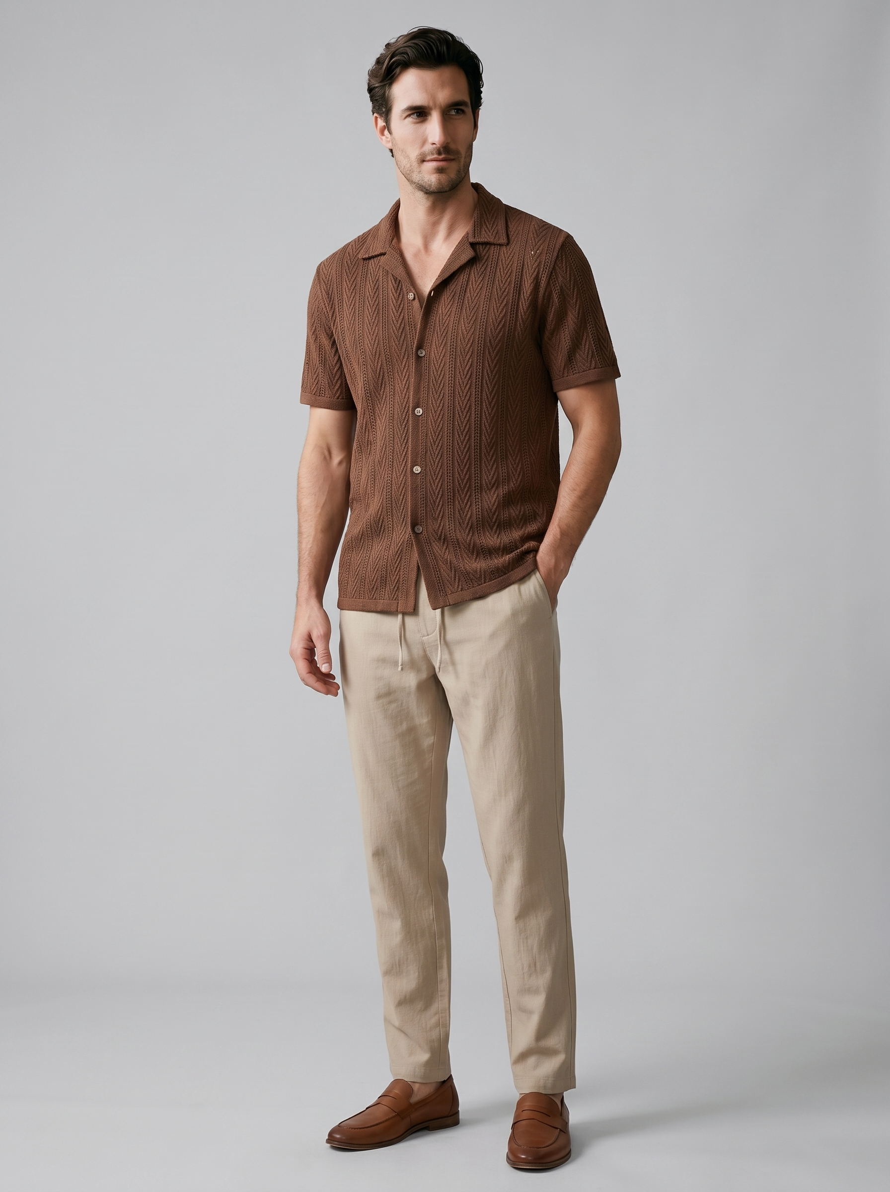 Open-Knit Shirt Trousers Set Heren Zomer Casual