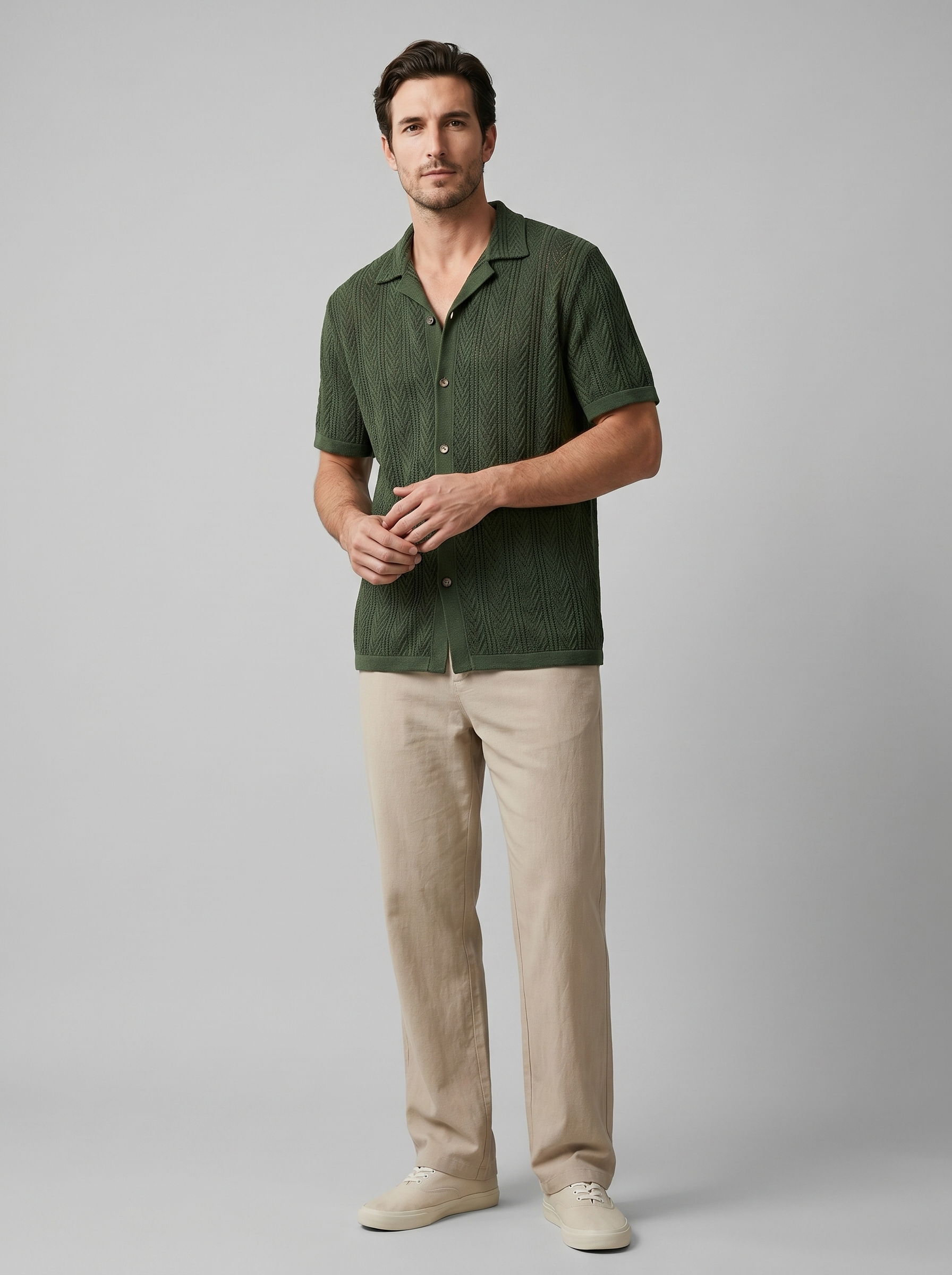 Open-Knit Shirt Trousers Set Heren Zomer Casual