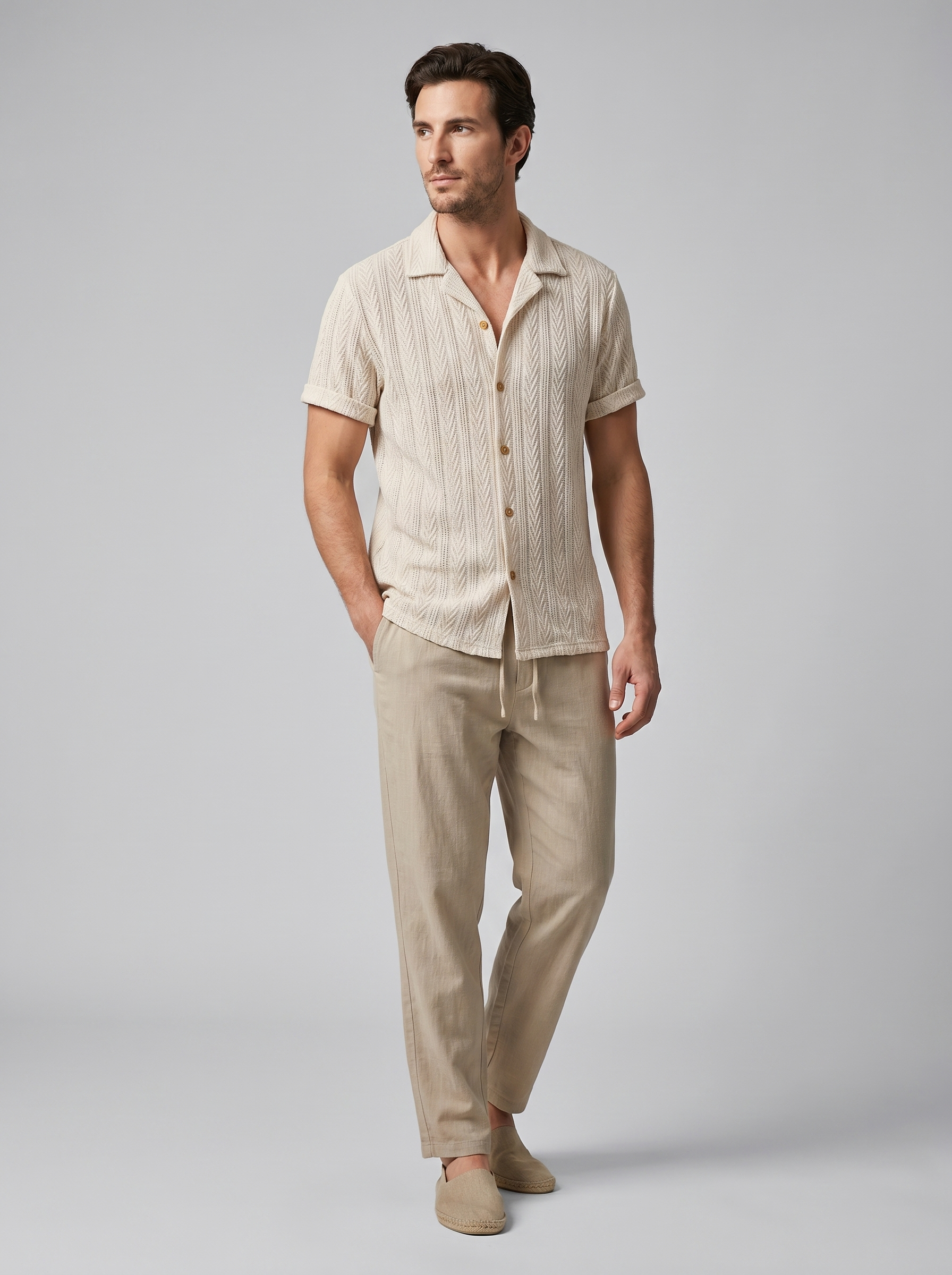 Open-Knit Shirt Trousers Set Heren Zomer Casual