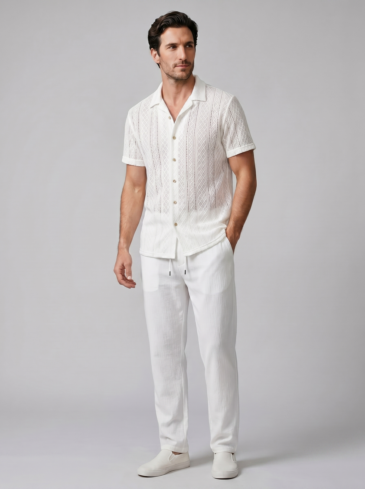 Open-Knit Shirt Trousers Set Heren Zomer Casual