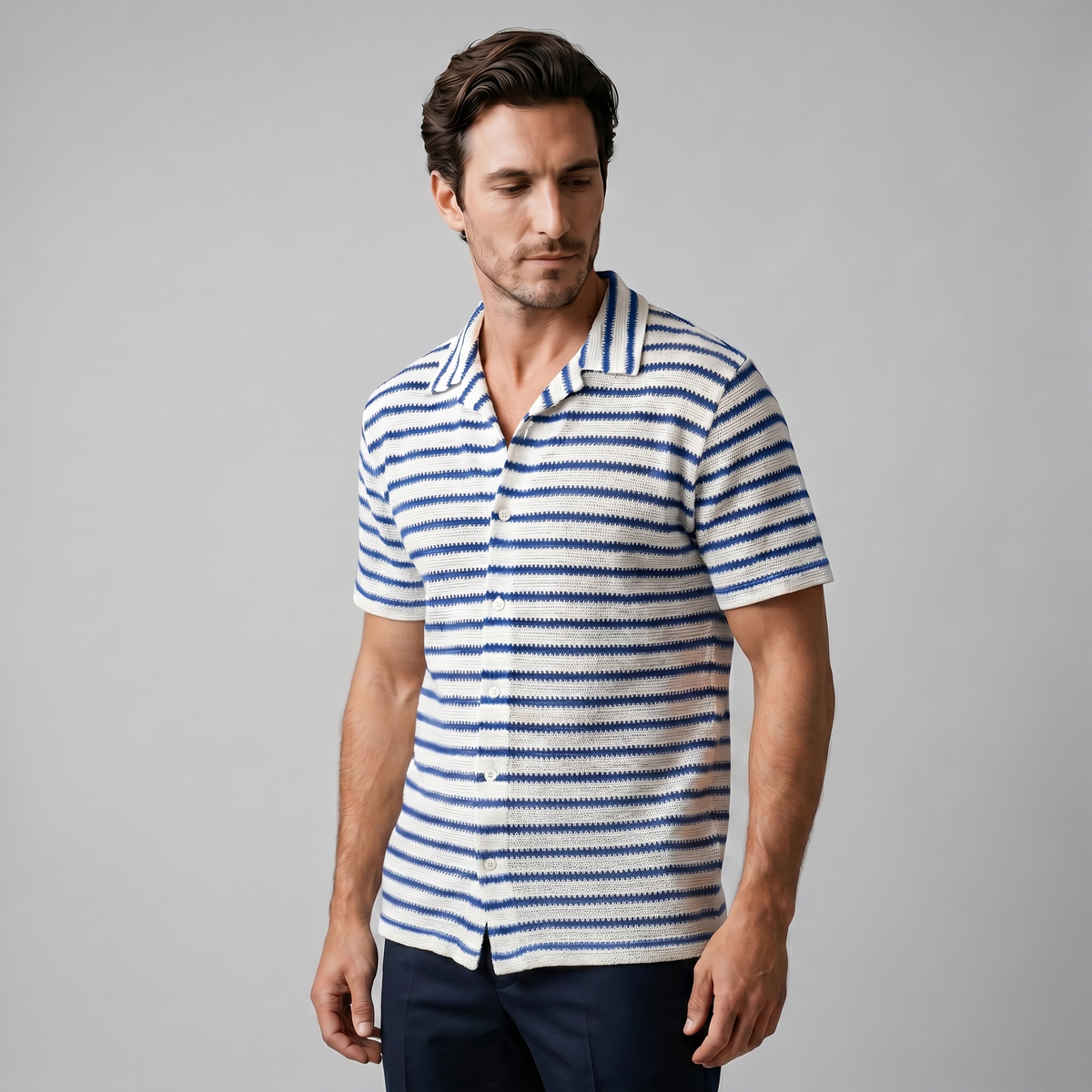 Open Knit Stripe Resort Shirt Heren Zomer Casual