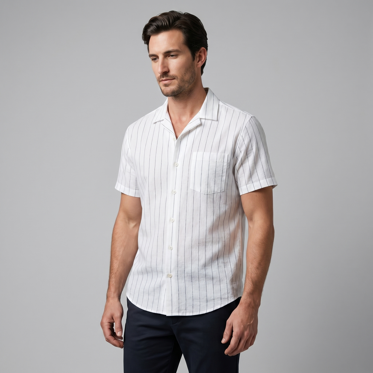 Pinstripe Camp Shirt Heren Korte Mouwen Casual Zomer