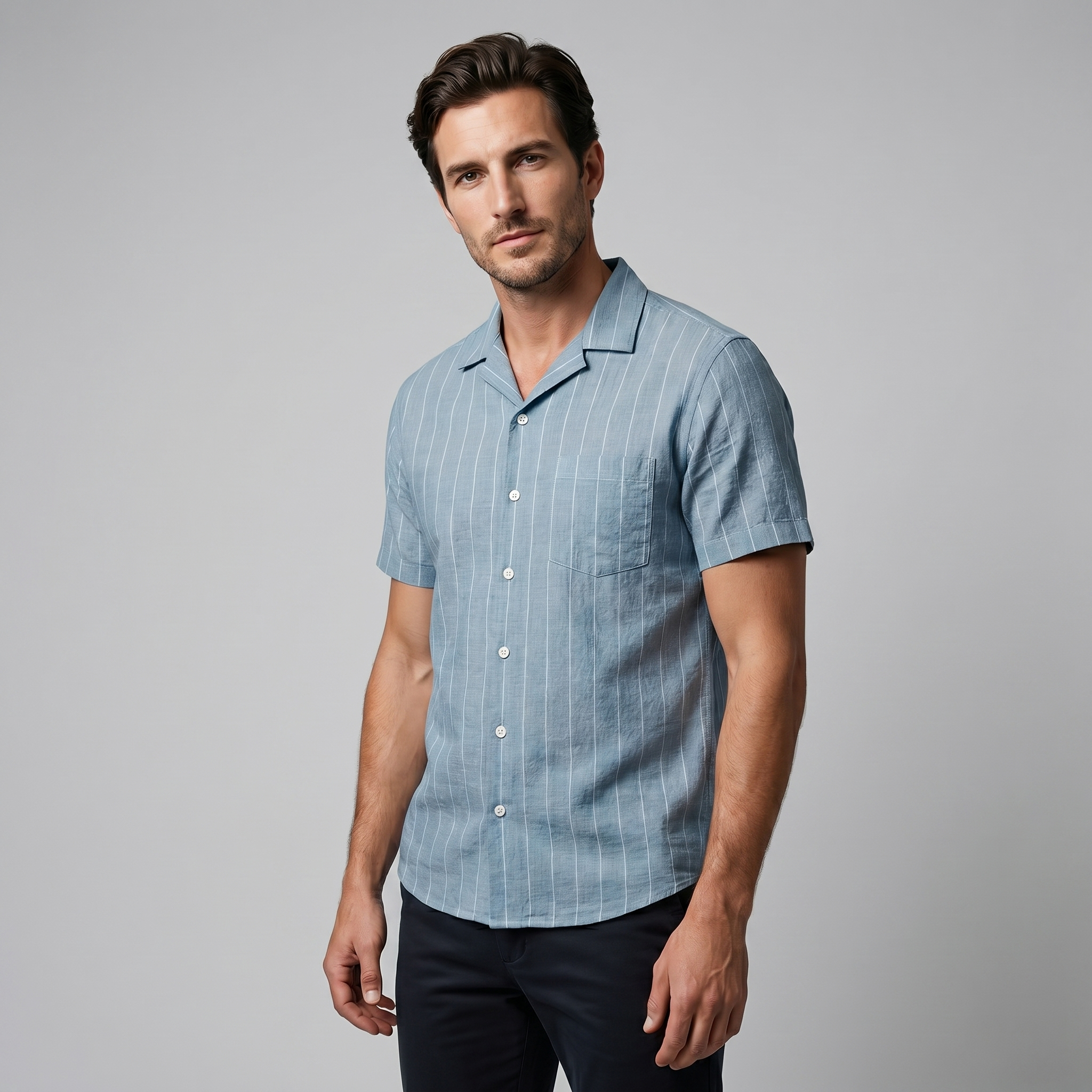 Pinstripe Camp Shirt Heren Korte Mouwen Casual Zomer