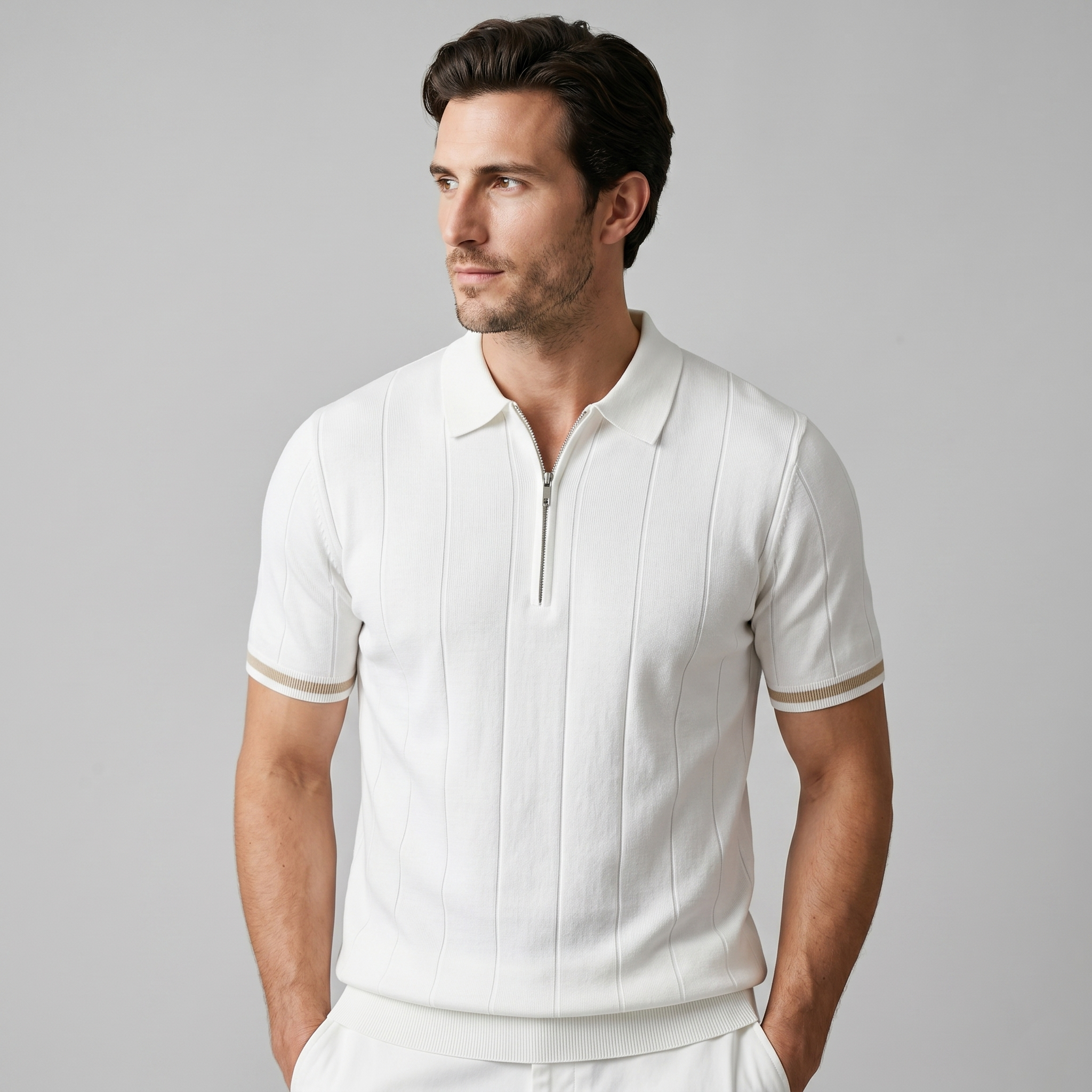 Poloshirt Heren Verticale Strepen Ritssluiting Casual