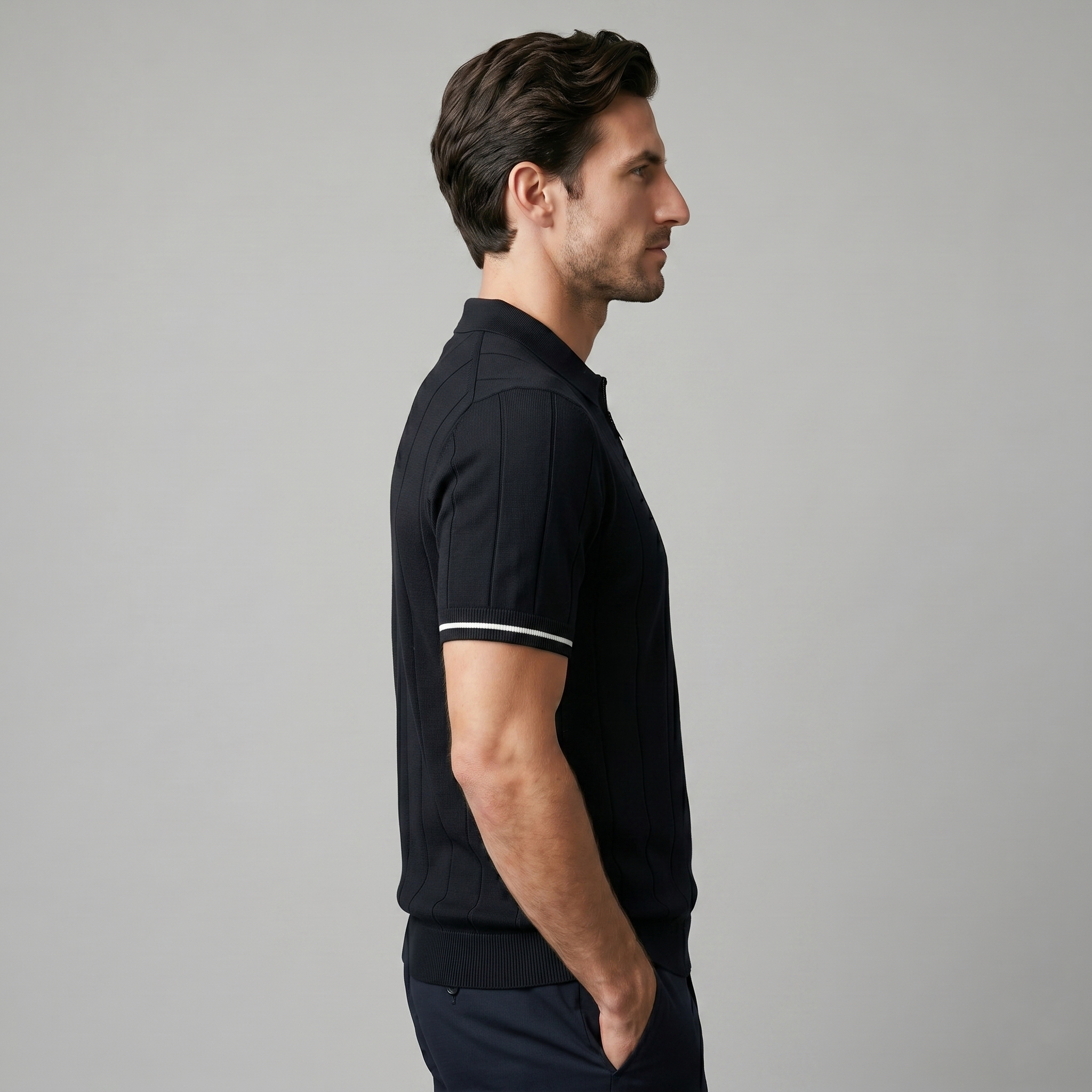 Poloshirt Heren Verticale Strepen Ritssluiting Casual