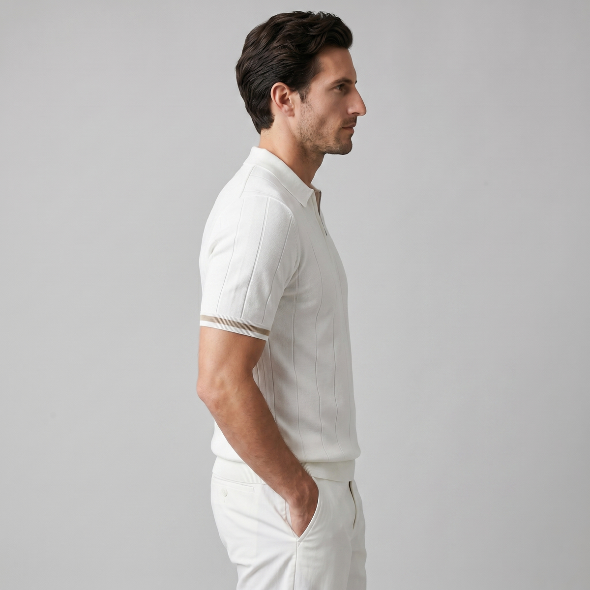 Poloshirt Heren Verticale Strepen Ritssluiting Casual