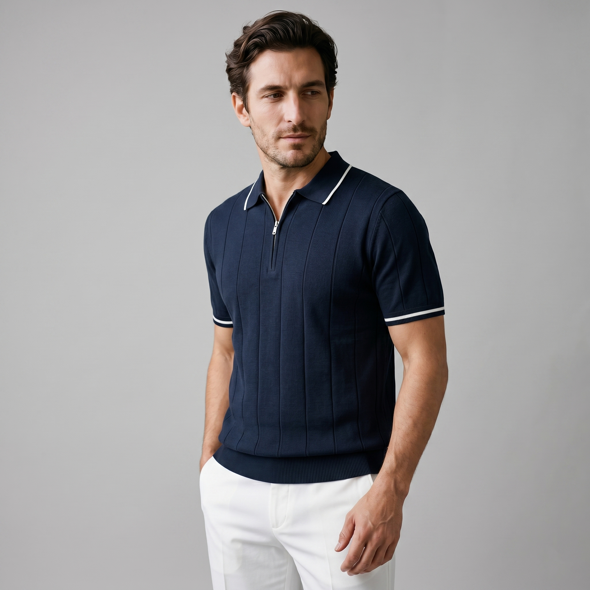 Poloshirt Heren Verticale Strepen Ritssluiting Casual