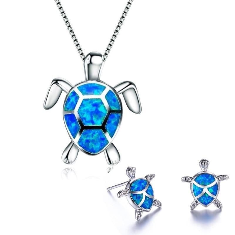 Zeewater Schildpad Ketting + Oorbellen Set in Opal en Zilver