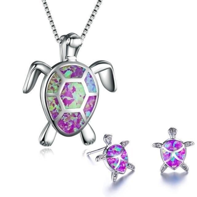 Zeewater Schildpad Ketting + Oorbellen Set in Opal en Zilver