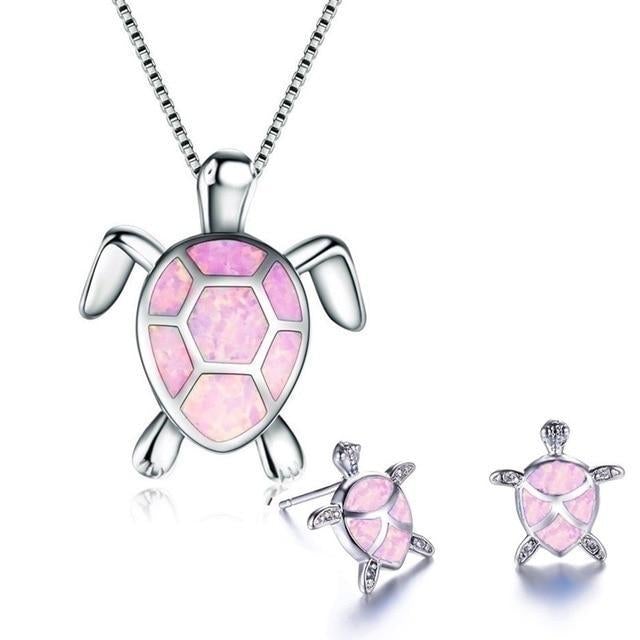 Zeewater Schildpad Ketting + Oorbellen Set in Opal en Zilver