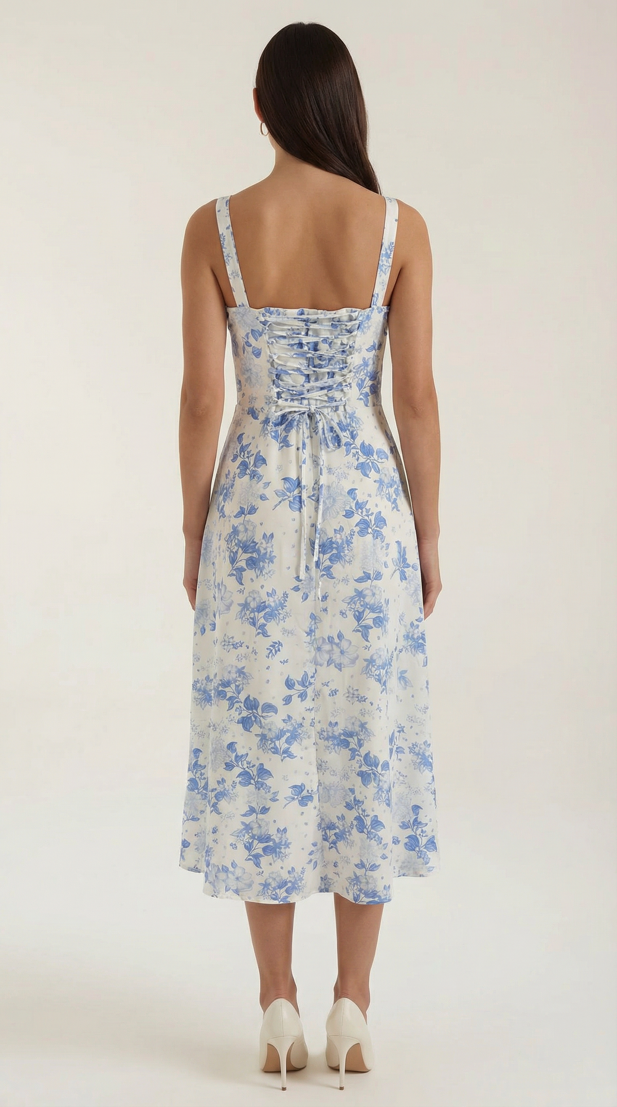 Midi-jurk dames A-lijn vintage bloemenprint hartvormige hals verstelbare rug