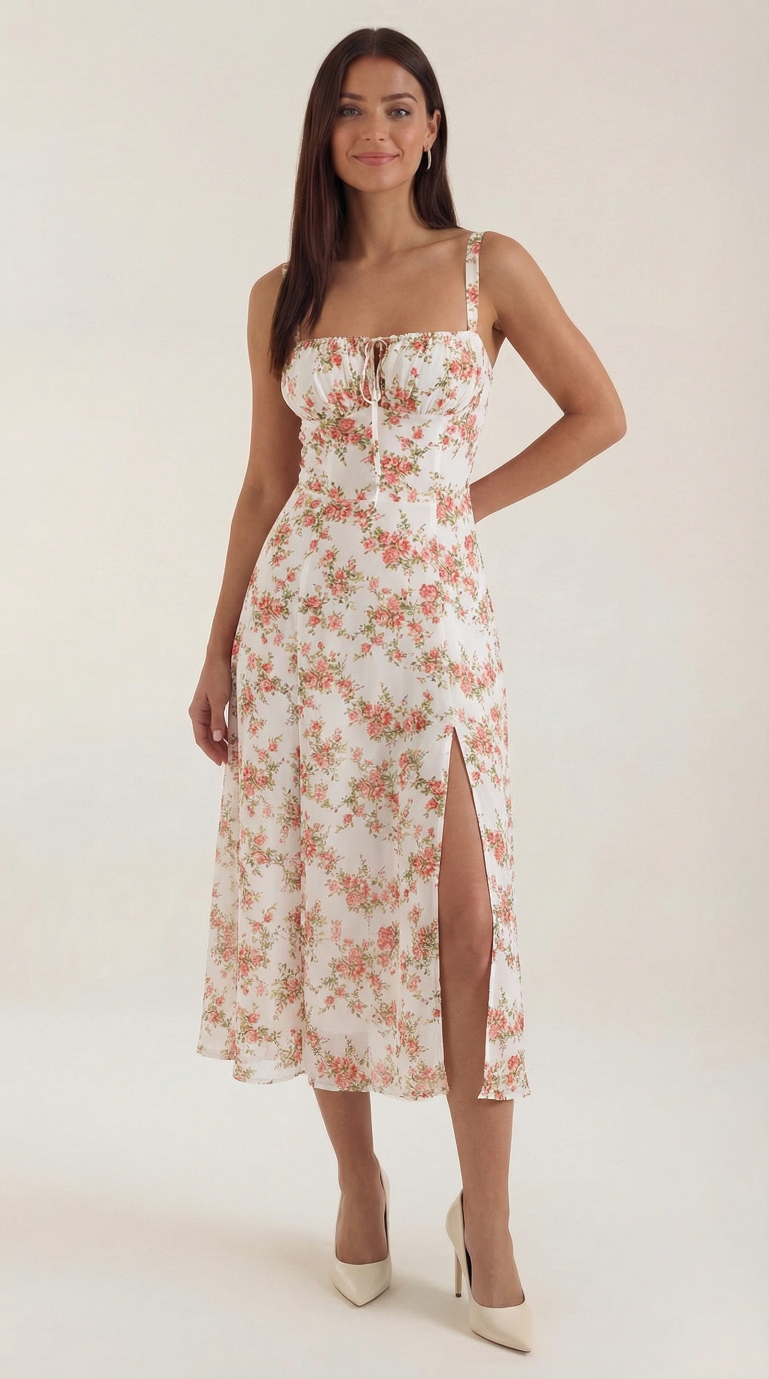 Midi-jurk dames A-lijn vintage bloemenprint hartvormige hals verstelbare rug