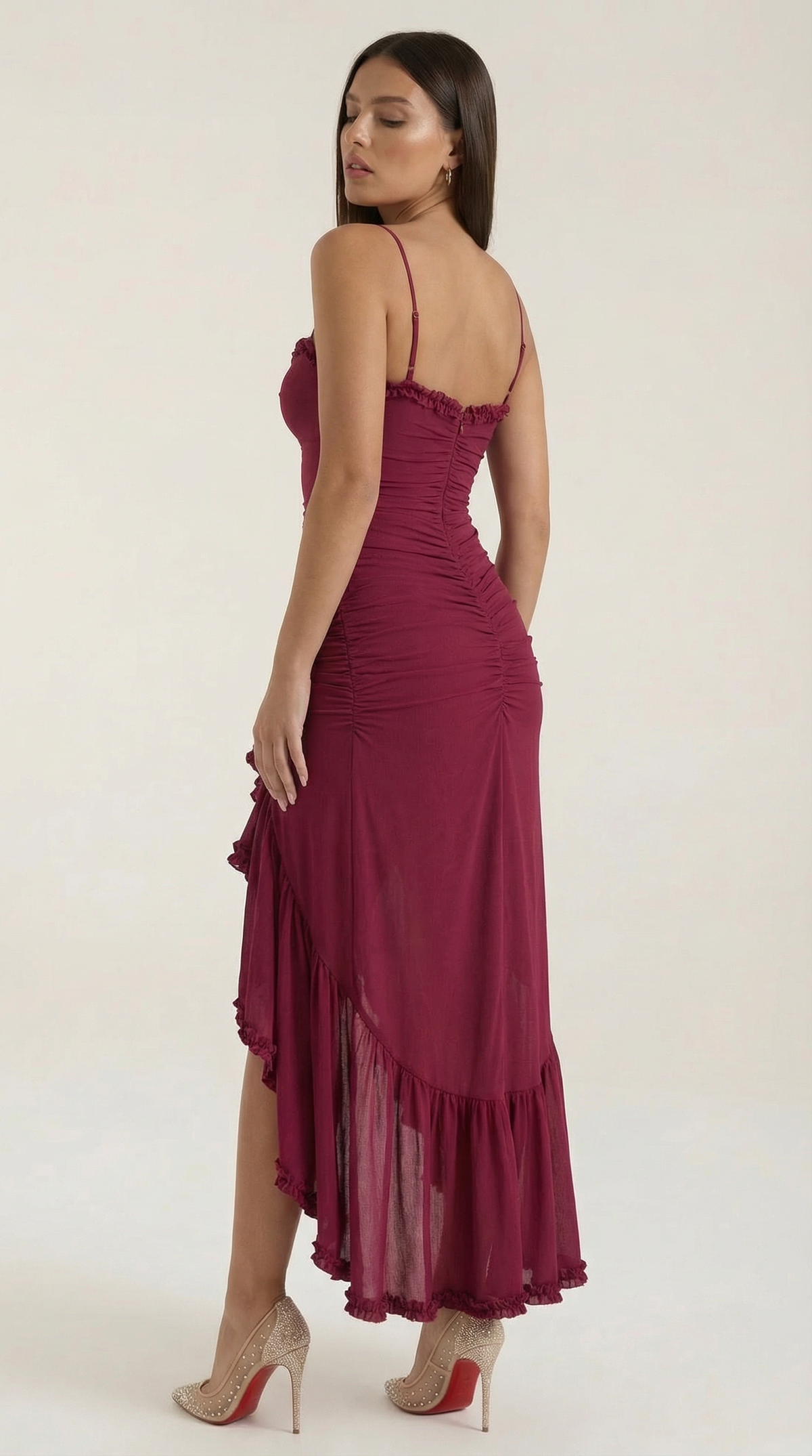 Maxi-jurk dames hartvormige hals ruches asymmetrische zoom spaghettibandjes