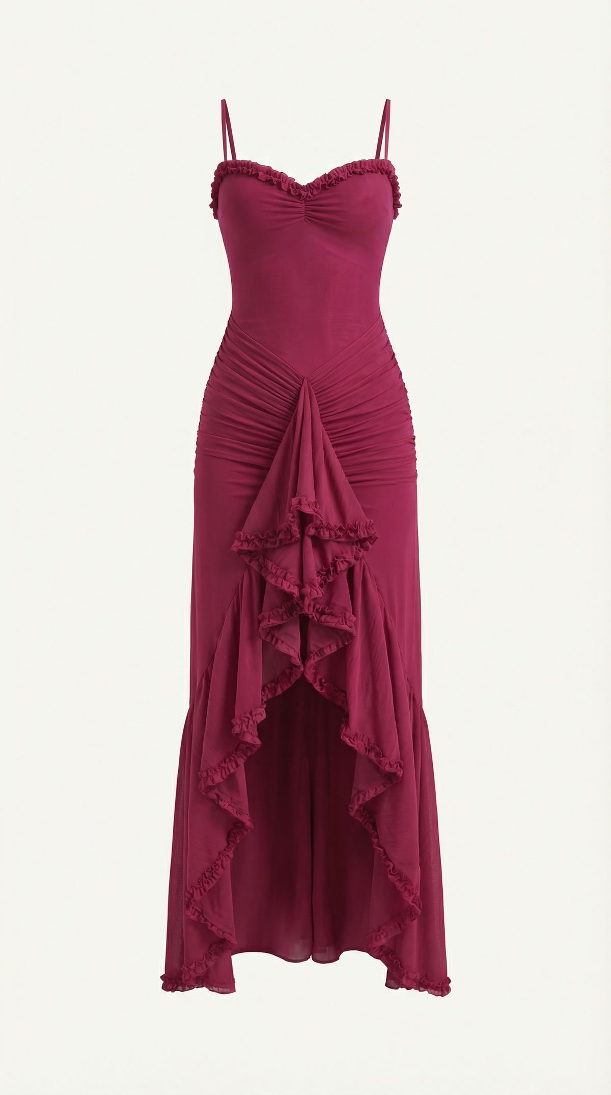 Maxi-jurk dames hartvormige hals ruches asymmetrische zoom spaghettibandjes