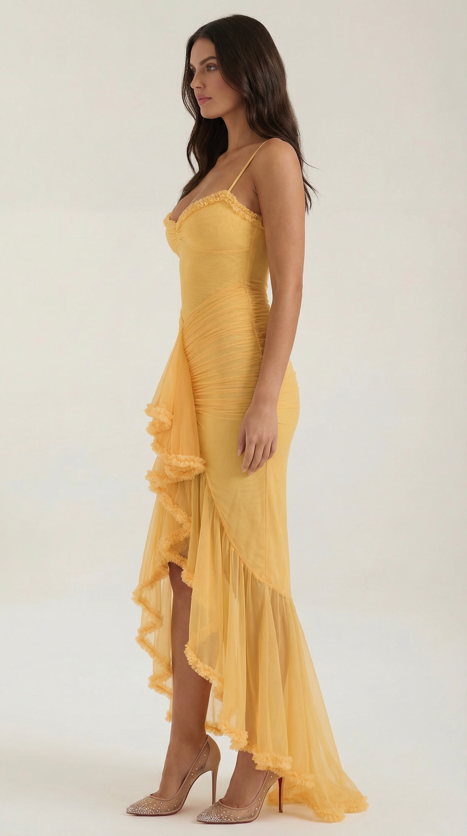 Maxi-jurk dames hartvormige hals ruches asymmetrische zoom spaghettibandjes