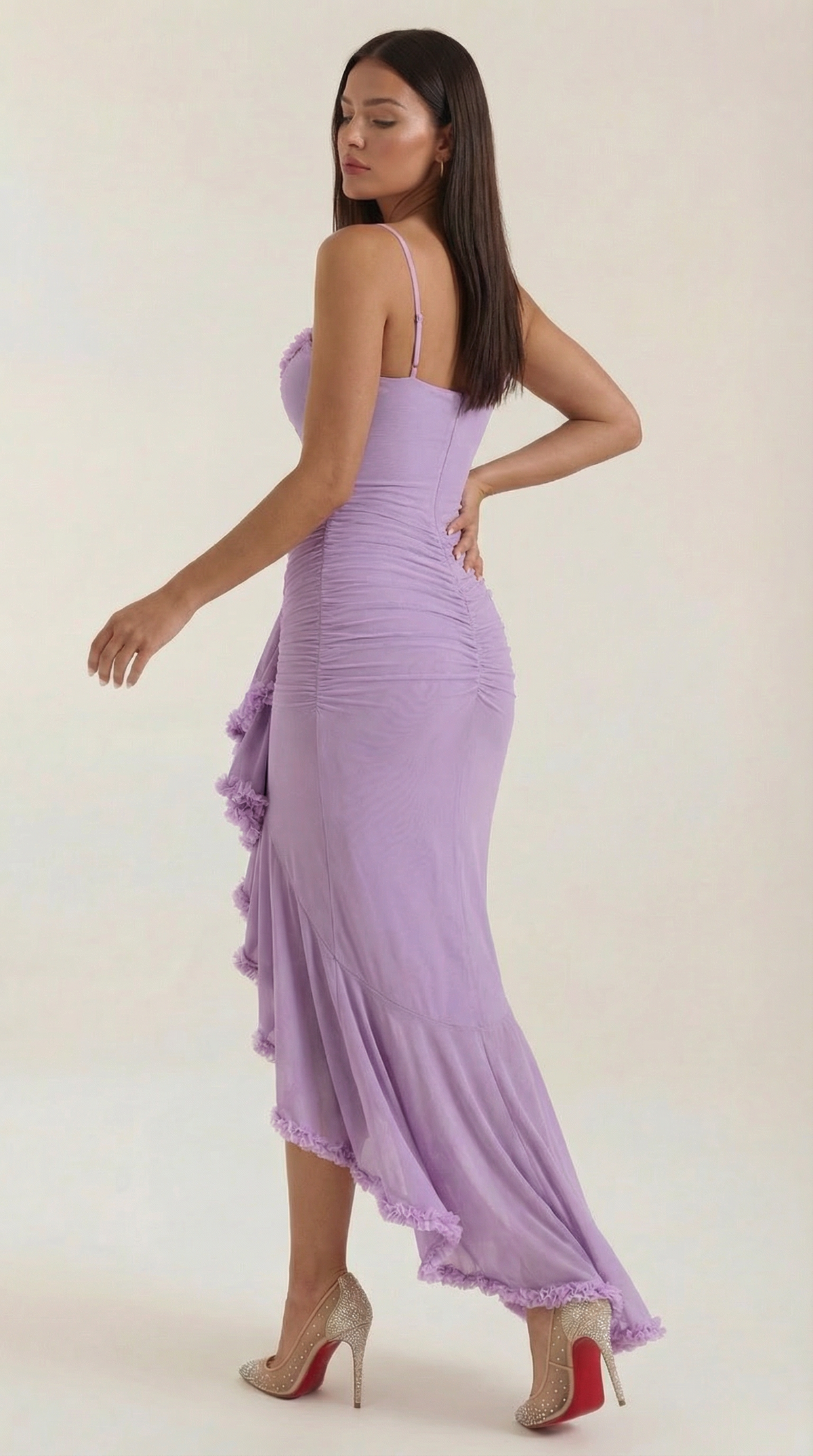 Maxi-jurk dames hartvormige hals ruches asymmetrische zoom spaghettibandjes
