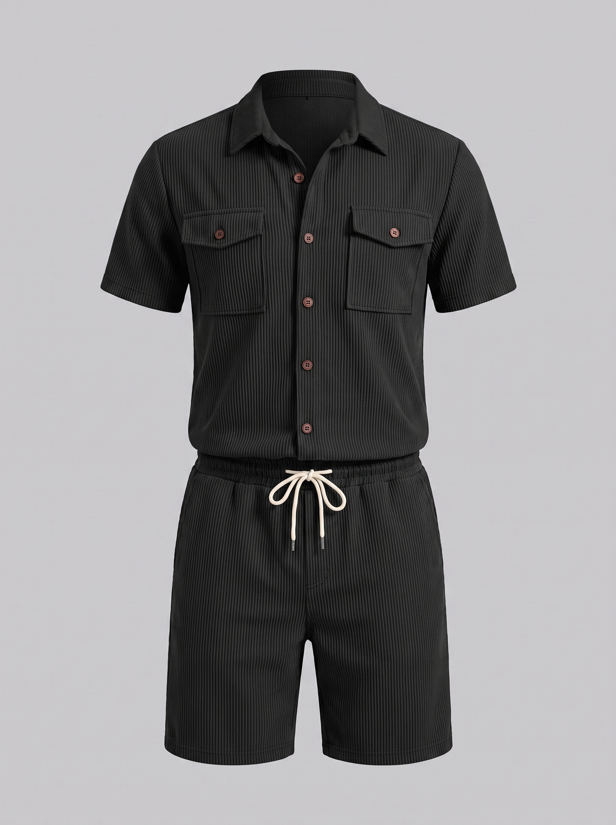 Shirt Shorts Set Heren Ribgebreide Streep Casual