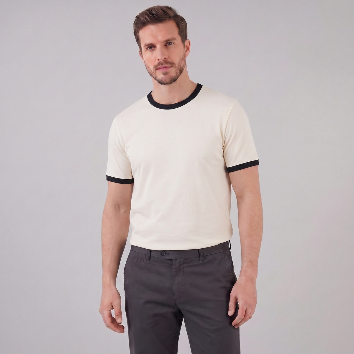 Smart Casual T-Shirt Heren Contrast Trim Crew Neck