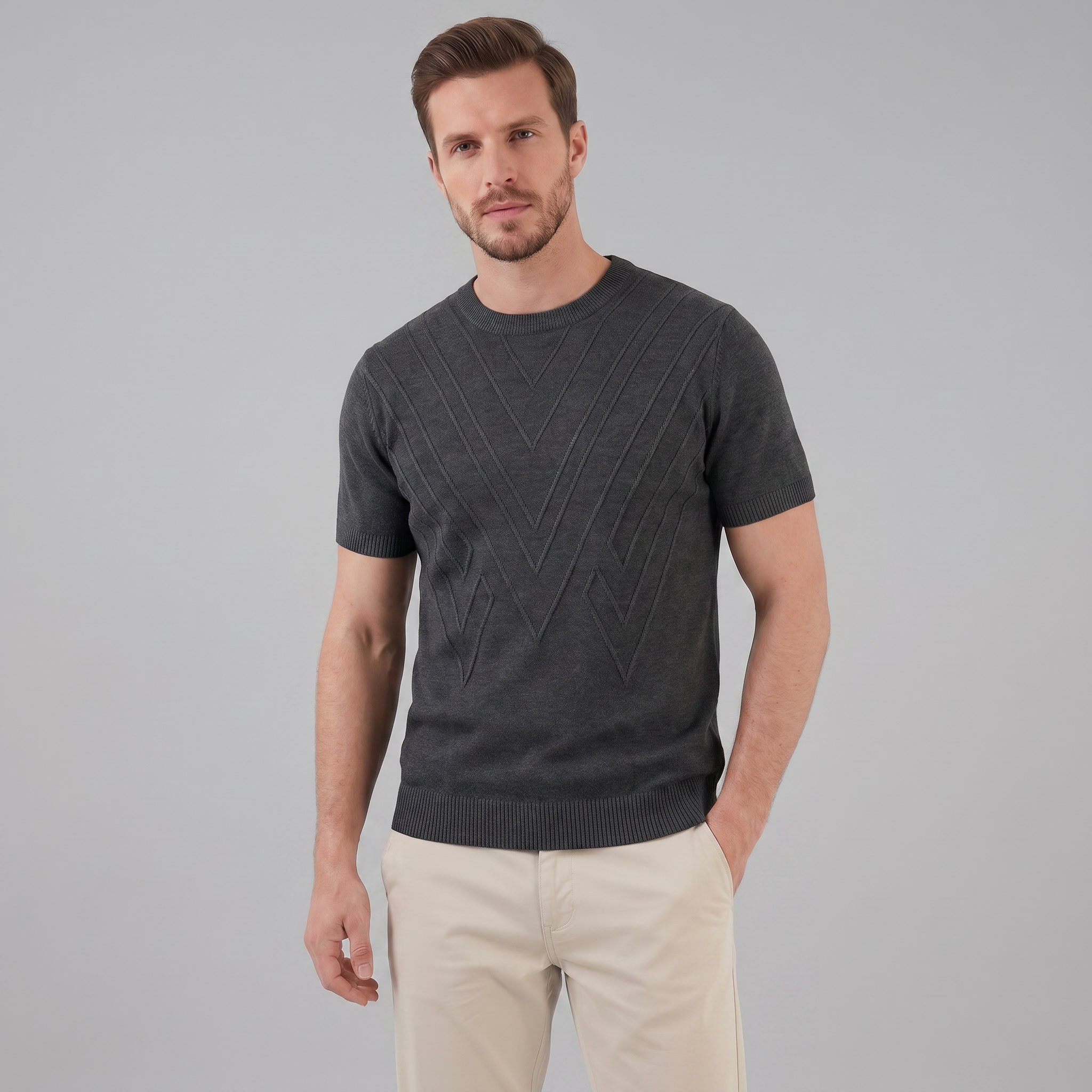 T-Shirt Heren Lange Mouwen Casual Textuur Crew Neck
