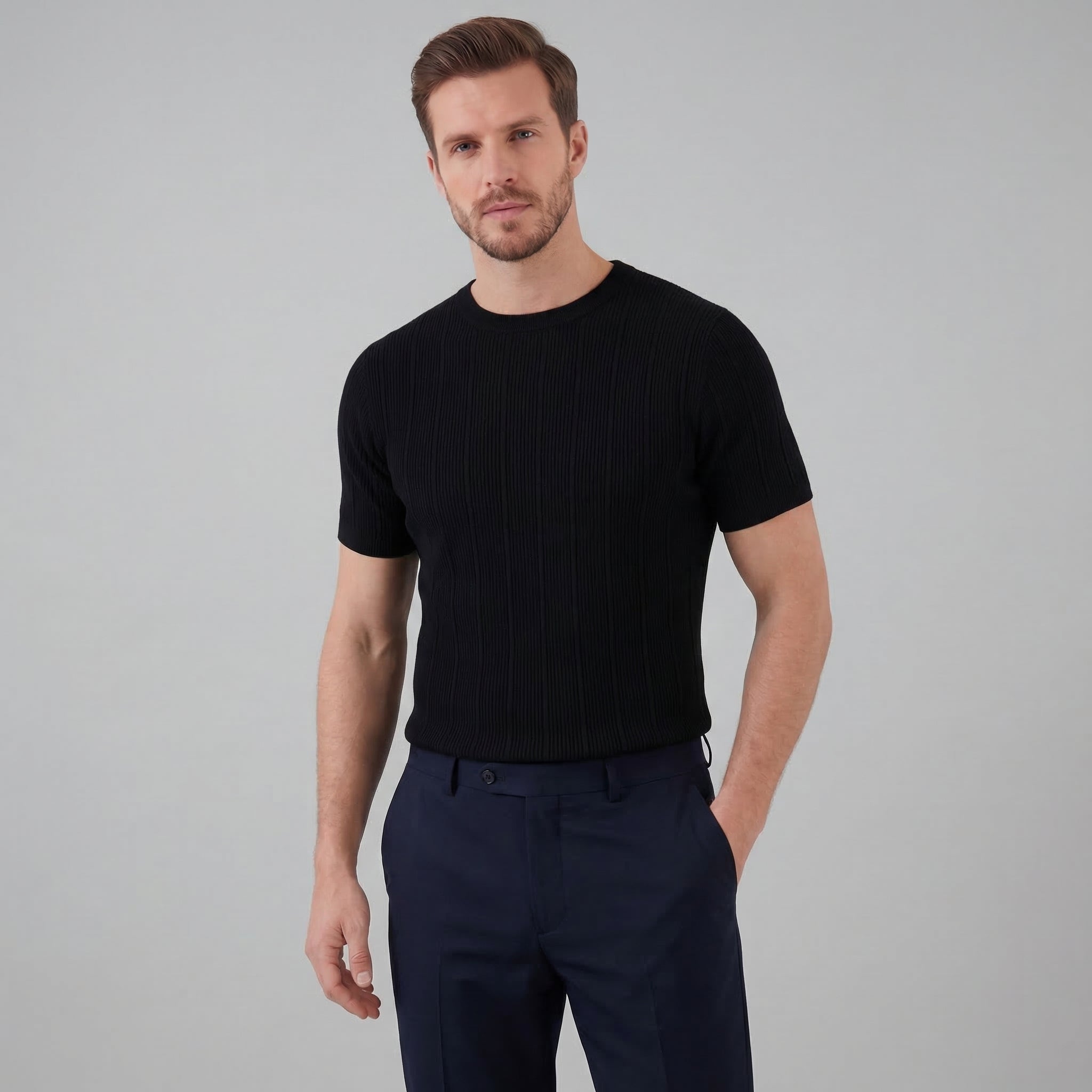 T-Shirt Heren Rib Knit Casual Chic Lange Mouwen