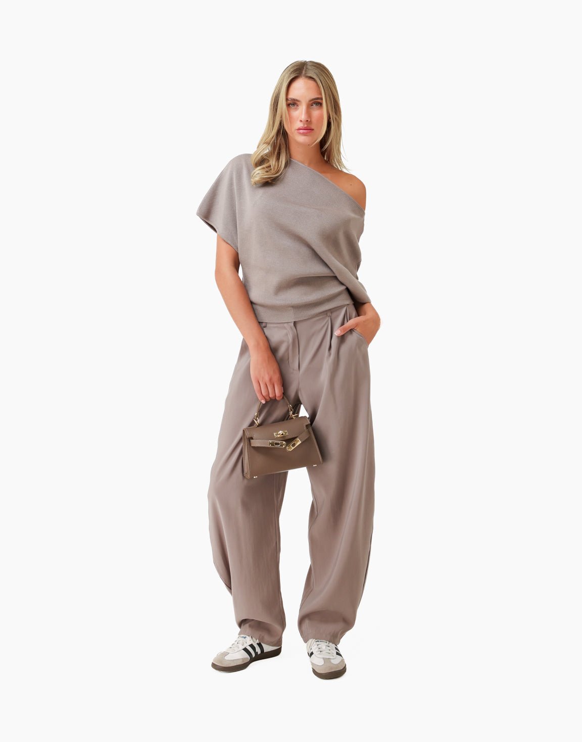 Taupe Gebreide Off Shoulder - Trui