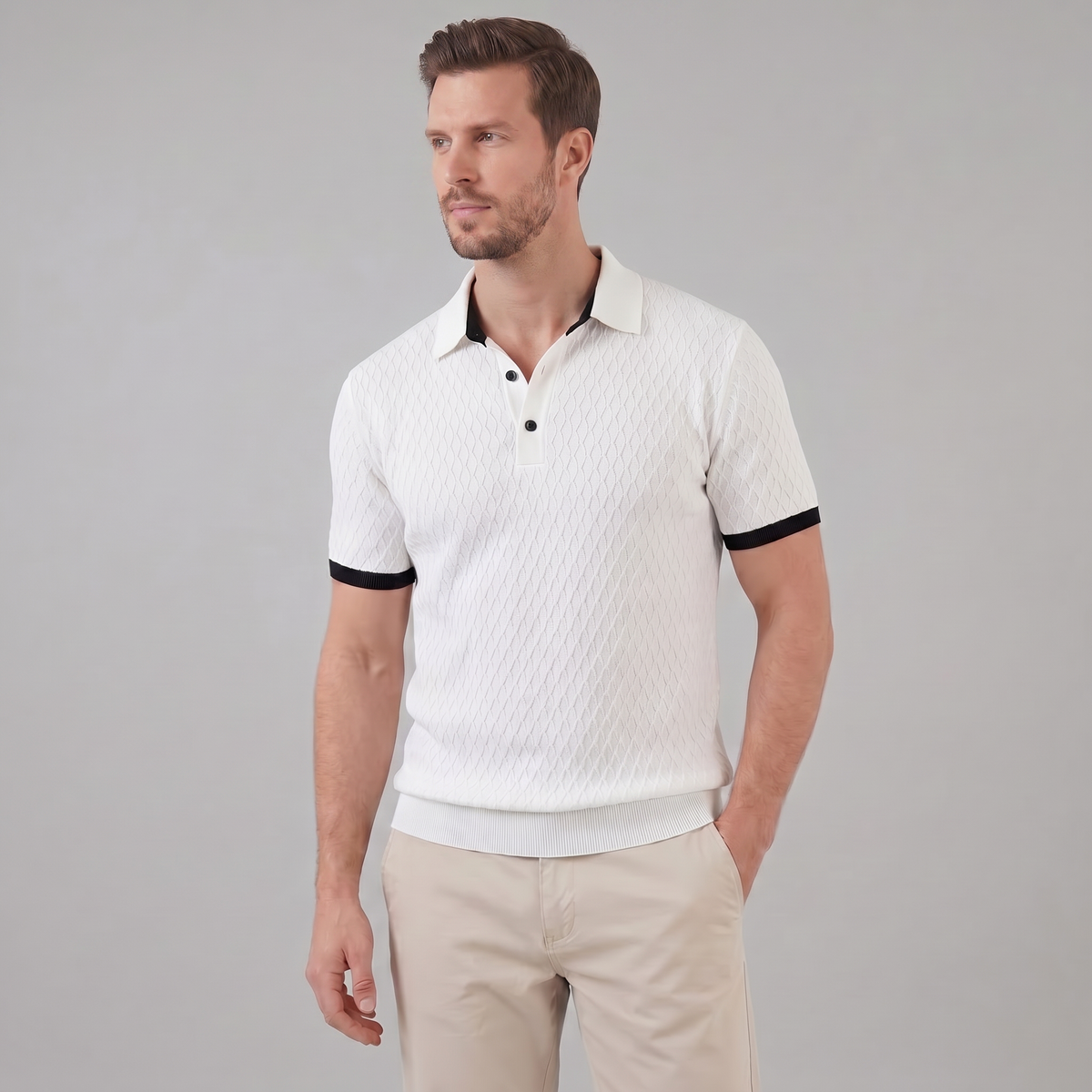 Textured Poloshirt Heren Contrast Kraag Tailored Fit