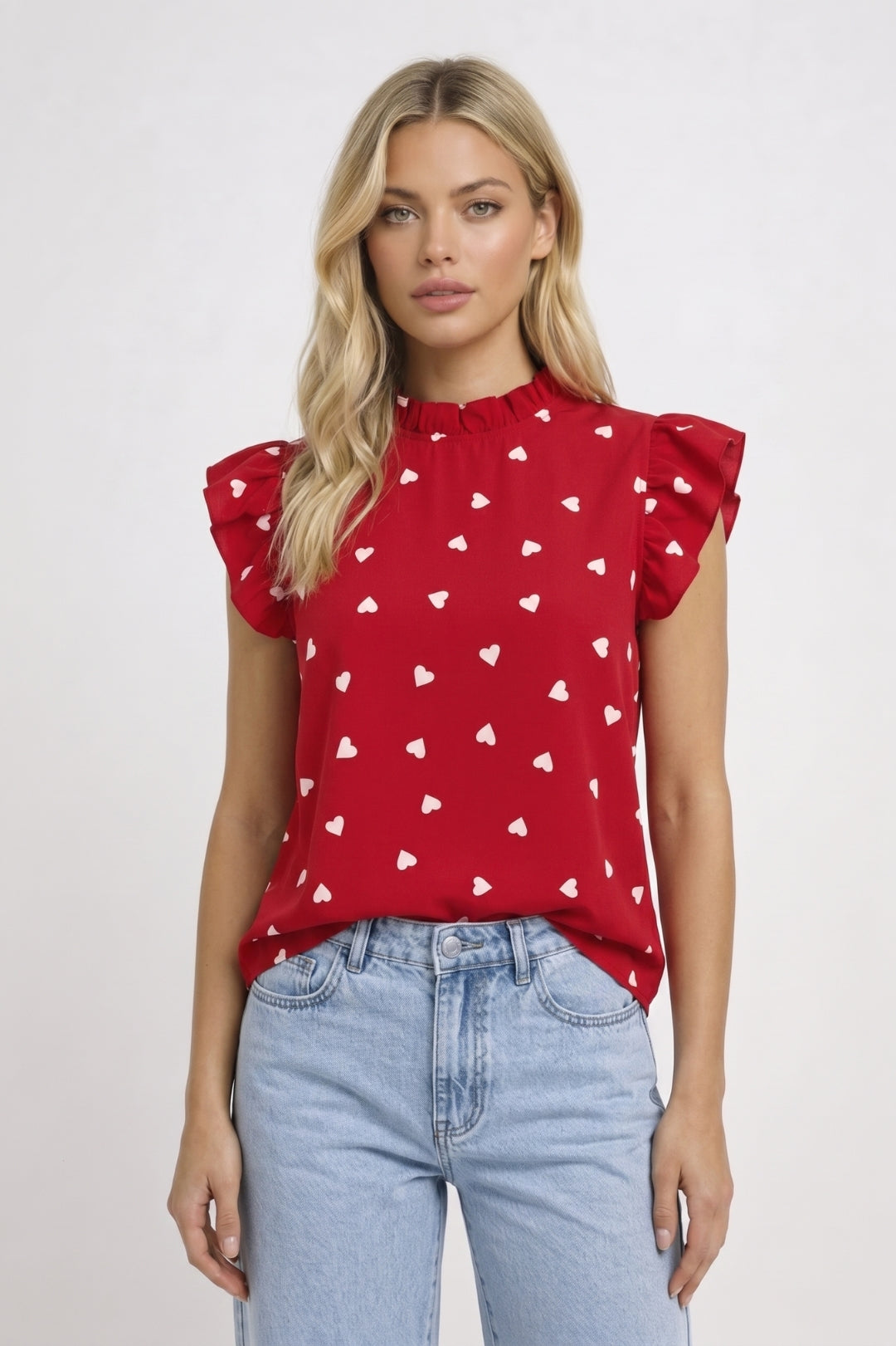 Top Dames Hartenprint Ruffle Mouwen Hoge Hals Casual