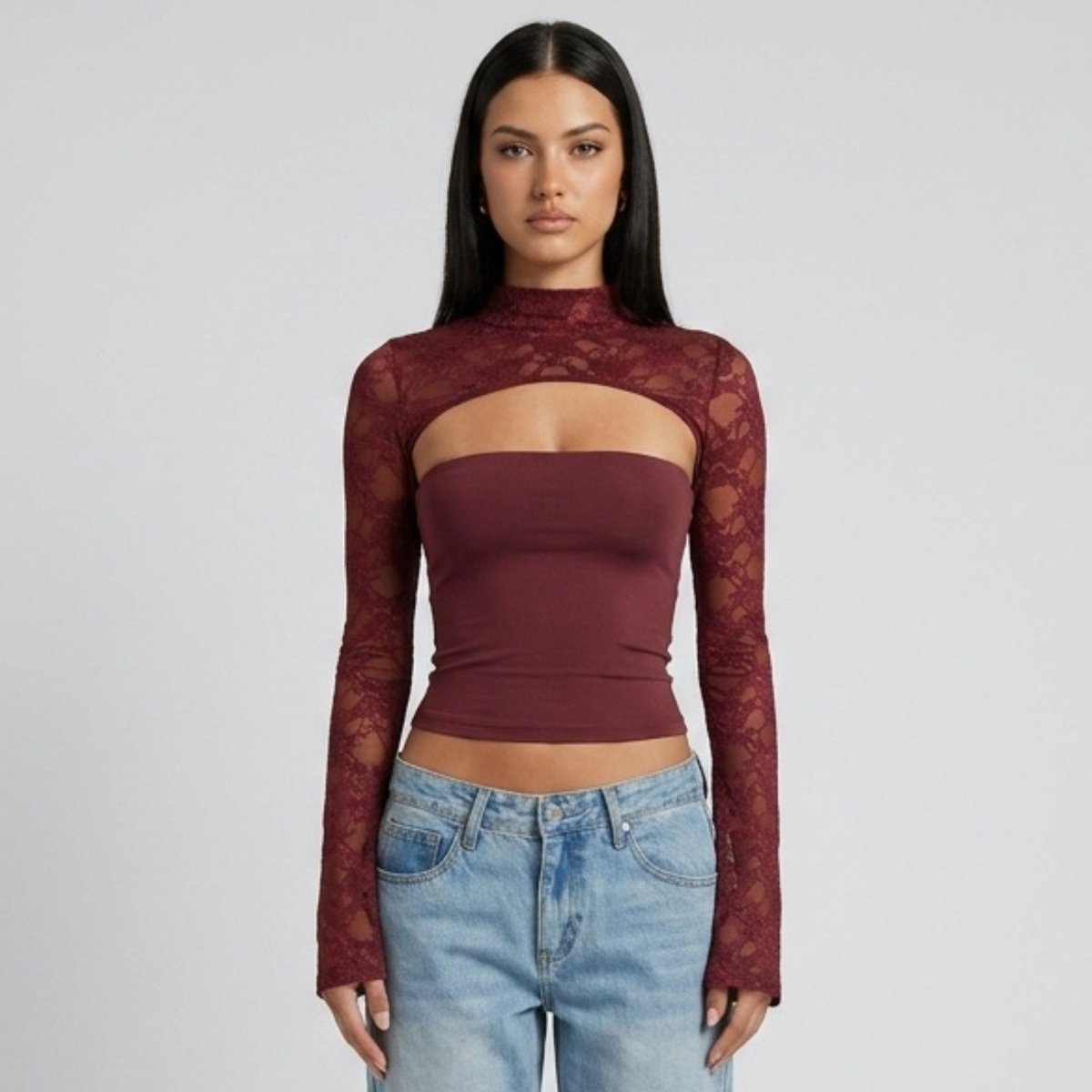 Top Dames Kant Cutout Mock Neck Flare Mouwen