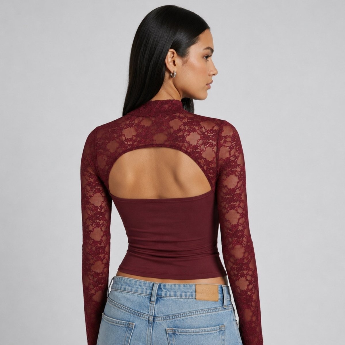 Top Dames Kant Cutout Mock Neck Flare Mouwen