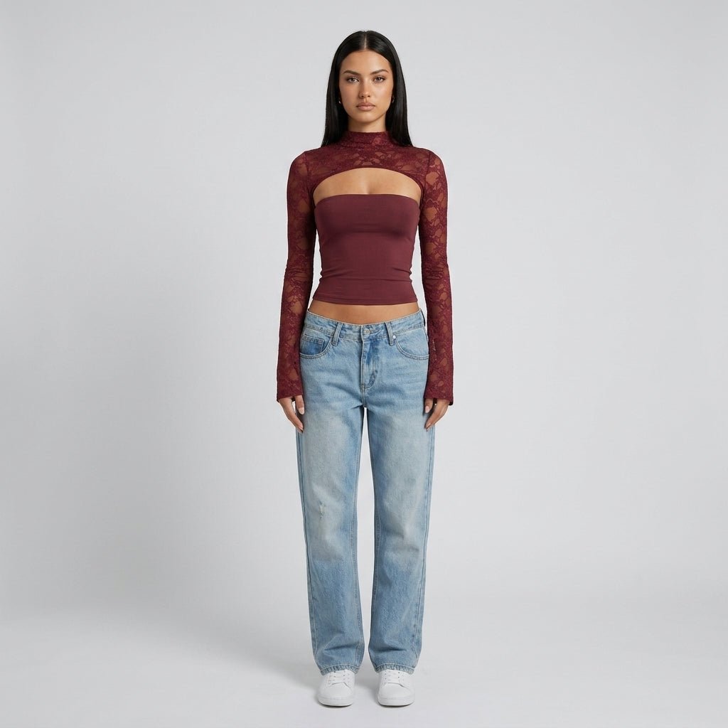 Top Dames Kant Cutout Mock Neck Flare Mouwen