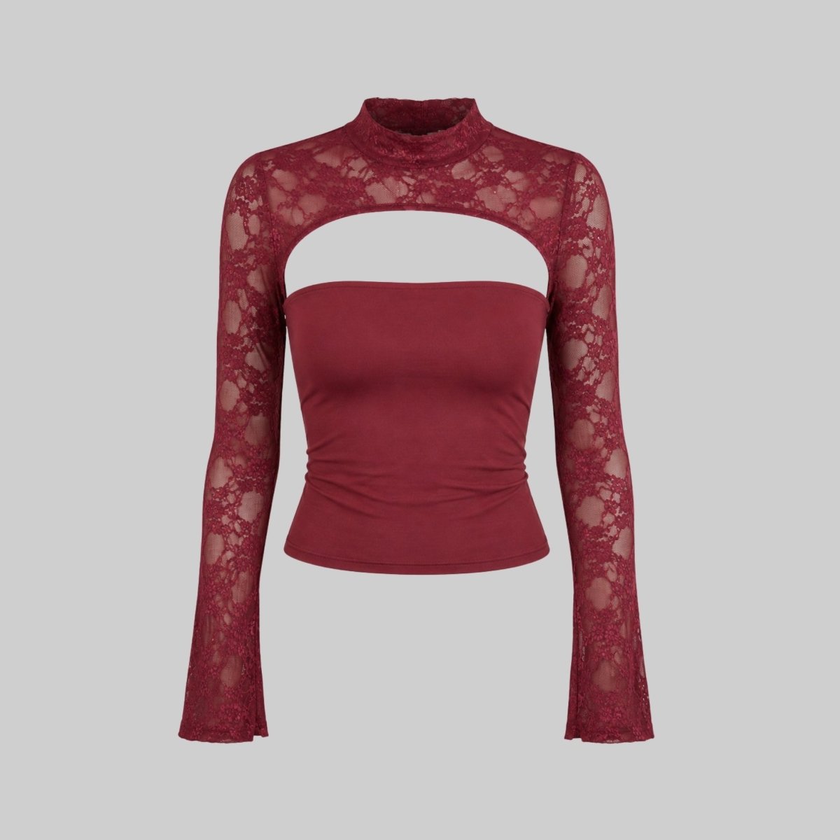 Top Dames Kant Cutout Mock Neck Flare Mouwen