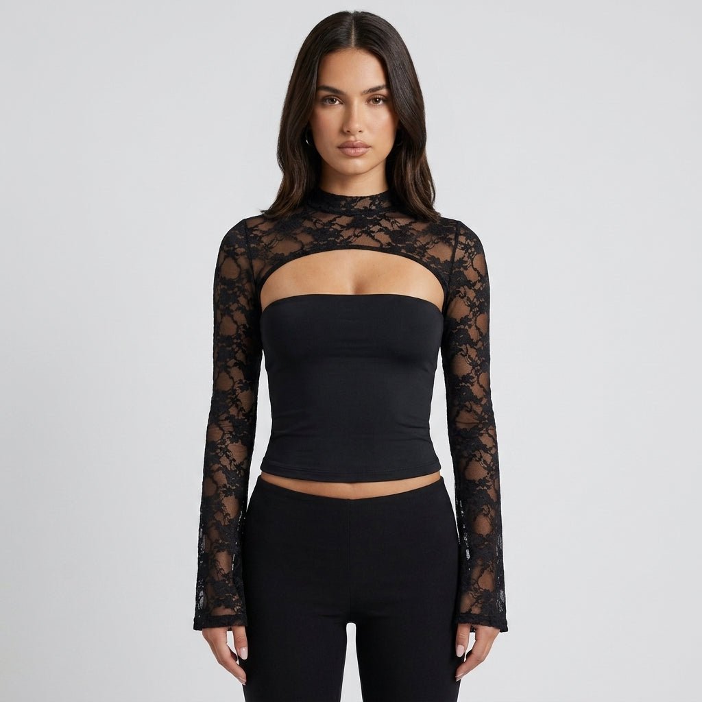Top Dames Kant Cutout Mock Neck Flare Mouwen
